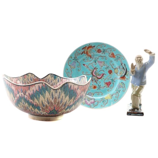 Chinese Earthenware Bowl, Plate and Shiwan Ware Figurine