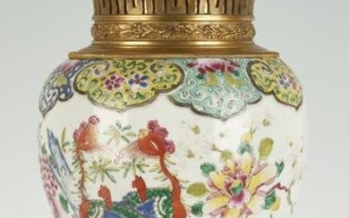 Chinese Famille Rose Ormolu Mounted Porcelain Vase Lamp