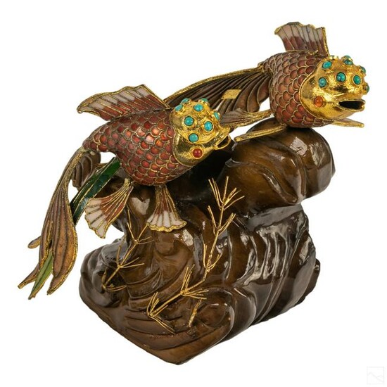 Chinese Gilt Metal Enamel Fish & Dragon Figurines