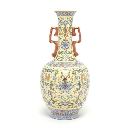Chinese Lime-Green Ground Famille-Rose Vase