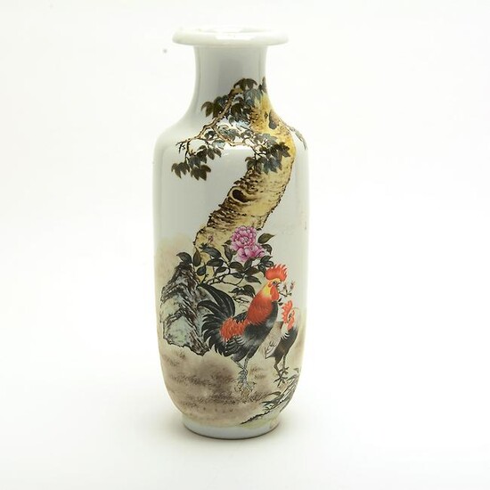 Chinese Republic Period Famille Rose Rooster Vase.