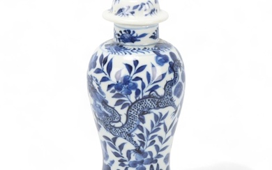 Chinese blue and white porcelain jar and cover, dragon decor...
