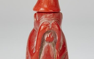 Chinese carved coral monkey snuff bottle, 3.25"h