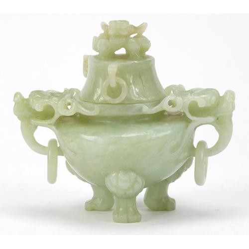 Chinese pale green jade dragon design lidded koro, with