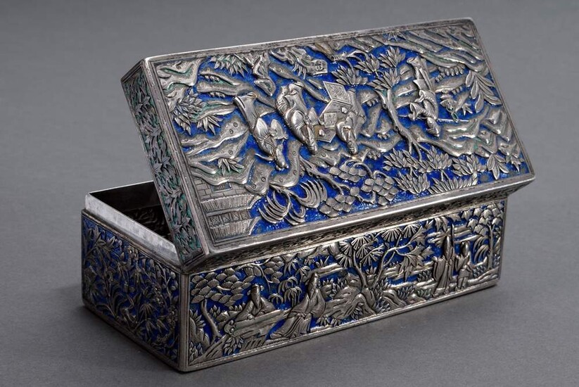Silver box with rich relief decoration and blue-turquoise enamel "Persons in the garden" in angular form, two hallmarks at the bottom, 541g, Huai Yuan (Bangkok Siam) 19th century, 5,5x15,5x7cm, slightly defective