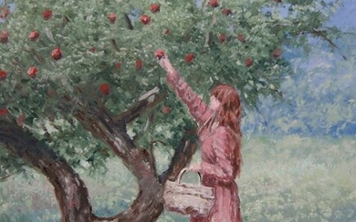 Chris van Dijk (1952) -"" Girl picking apples from the tree""
