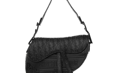Christian Dior Calfskin Embossed Oblique Saddle Bag Black