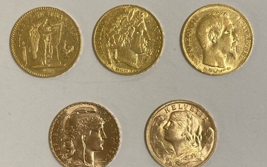 * Cinq pièces de 20 Francs or : Génie 1849 A, IIe République 1851 A, Napoléon III tête nue 1857 A, Coq 1914 et une Suisse 1935 B - 32.17 g