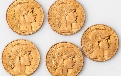 Cinq pièces en or de 20 francs Coq (5 x 1910).... - Lot 9 - Rossini