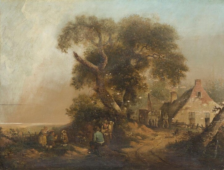 Circle of John Crome, British 1768-1821- A village track with horse and cart, figures, and dogs; oil on panel, bears old label with inscription 'By J. Ruysdael, 1660' on the reverse, 31.7 x 41.5 cm. ( VAT charged on hammer price) Provenance: With...