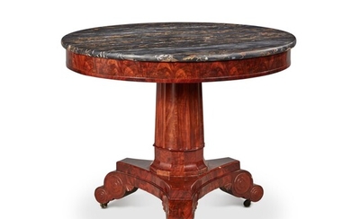 Classical Figured Mahogany Marble Top Center Table, Probably Boston, Massachusetts, Circa 1830