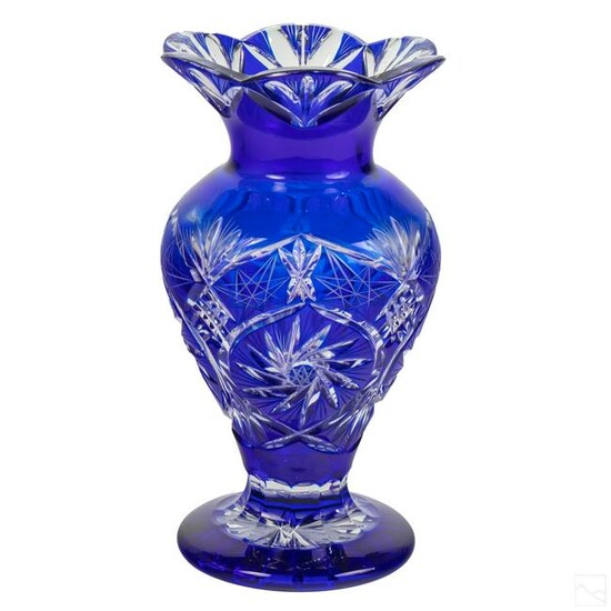 Cobalt Cut To Clear Brilliant Cut Crystal VTG Vase