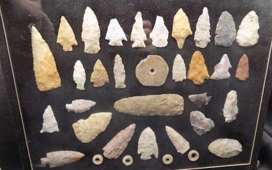 Collection of 34 Native American Indian artifacts including arrowheads