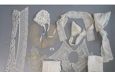 Collection of antique handmade lace collars, cotton neckties...