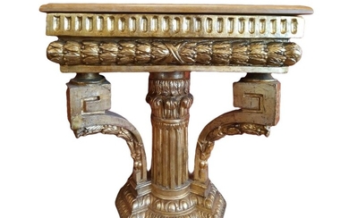 Console a colonna in legno dorato a foglia, con marmo al piano