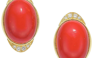 Coral, Diamond, Gold Earrings Stones: Coral cabochons; full-cut diamonds...