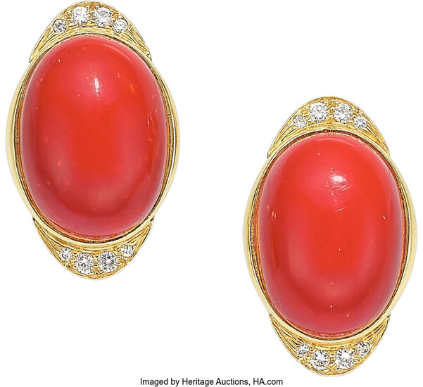 Coral, Diamond, Gold Earrings Stones: Coral cabochons; full-cut diamonds...