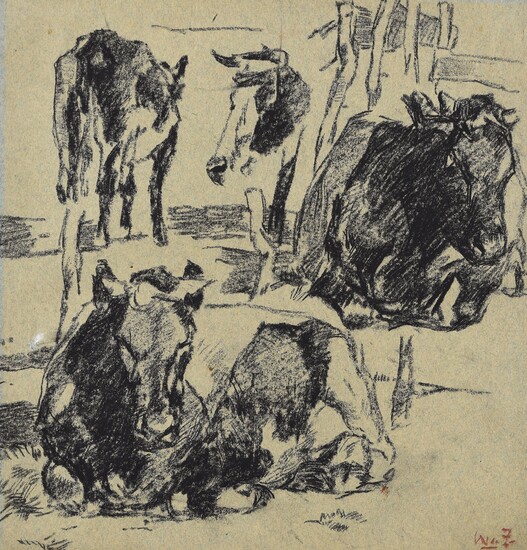 Cows (studies). Ca. 1850 Drawing, charcoal, 24,1 x 23,6 cm, grey wove paper, monogram (illegible)...