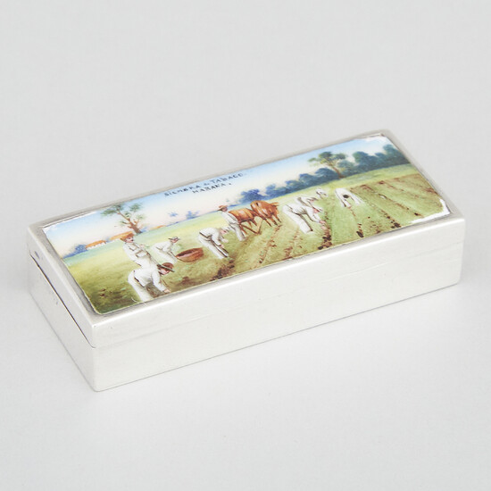 Cuban or North American 'Tobacco Planting' Enameled Silver Rectangular Stamp Box, early 20th century