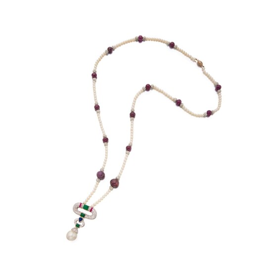 Cultured Pearl, Gem-Set and Diamond Pendant-Necklace