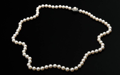 Cultured pearl necklace with white gold 585 brilliant clasp (add. approx. 0.24ct/SI/W), 54.3g, l. 70cm, Ø 7.6mm