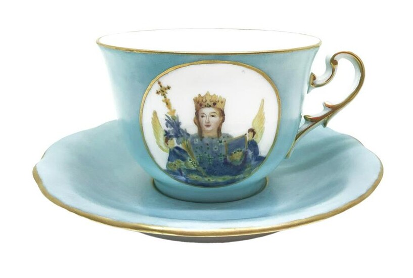 Cup with saucer, hand painted with Saint Agatha, early