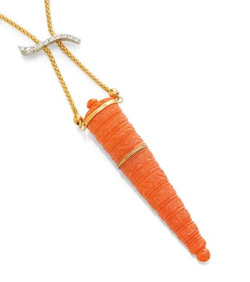 DIAMOND AND GOLD NECKLACE WITH ANTIQUE CORAL PENDANT.