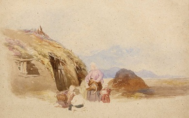 David Cox (1783-1859) Welsh Peasants outside a peat hut, watercolour,...