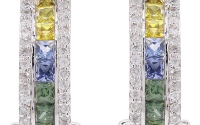 Dazzling Diamond and Multi Colored Sapphire Clip On Earrings in 18K White Gold