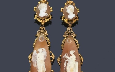 Delicate long earrings with cameos carved in shell
