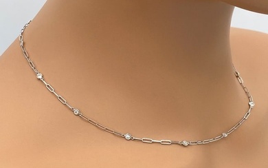 Diamond And 14k White Gold Paperclip Necklace
