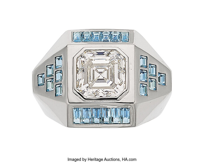 Diamond, Aquamarine, Platinum Ring, Siegelson The ring centers a...