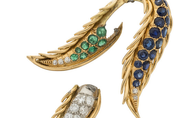 Diamond, Emerald, Sapphire, Platinum, Gold Brooch, French Stones: Swiss...