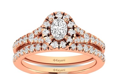 Diamond Split Shank Single Halo Bridal Ring 1 ct tw Oval Cut in 14K Rose Gold