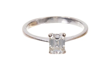 Diamond single stone ring with a rectangular emerald-cut diamond with a G.I.A. Diamond Report stating the diamond to weigh 0.74cts, colour grade H, VS2