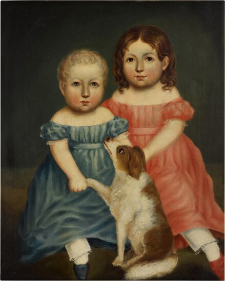 Double Portrait: Two Girls with a Spaniel, American School, 19th Century