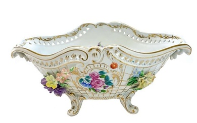 Dresden Porcelain Hand Painted Footed Bowl, Applied Flowers, circa 1950.