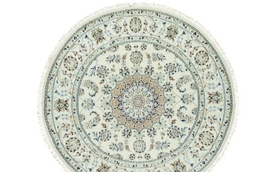 Droplets White Hand Knotted Nain Center Medallion Floral Round Rug