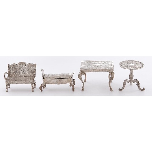 Dutch Toys. Two miniature silver tables, a settee and couch...