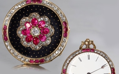 EARLY 20TH CENTURY FRENCH DIAMOND AND RUBY FOB WATCH BY ROSS...