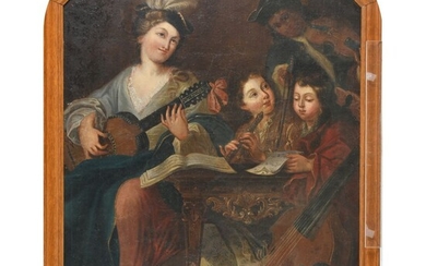 ÉCOLE FRANCAISE du XVIIIè. « La leçon de musique ». Huile sur toile dans un...