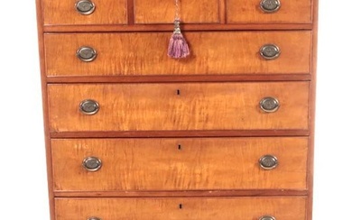Early Cherry and Tiger Maple Tall Chest Circa 1810, Has Three Small Drawers over Five Drawers on
