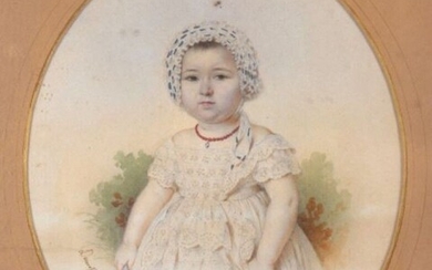 Ecole Française du XIXème siècle, Portrait d'une enfant au hochet, encre et aquarelle sur papier...