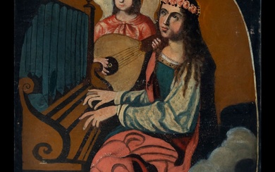 École coloniale péruvienne, adepte de Francisco de Zurbarán, Santa Cecilia jouant de l'orgue Huile sur...