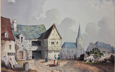 École française, début XIXème. Ensemble de 4 aquarelles romantiques, vues de villages et paysages, une...