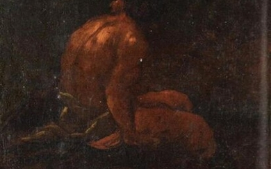 Ecole italienne du XVIIIe siècle. Un Berger assis vu de dos (fragment). Huile sur toile (restaurations, usures). 22 x 16 cm.
