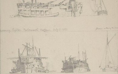 Edward William Cooke RA, British 1811-1880- Mooring Lighter, etc. (three views), pencil on paper, inscribed 'Mooring-lighter. Portsmouth Harbour. July.1. 1831.' (upper right) and 'Schooner entering the Harb[our]' (upper left) and 'Mooring lighter...