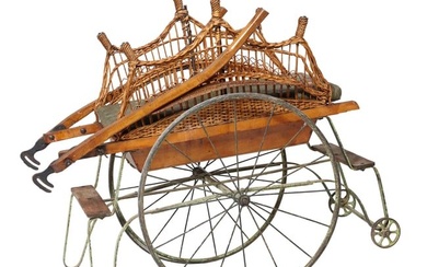 Edwardian Wood Iron and Wicker Child's Pull Carriage, late 19th c., H.- 35 in., W.- 67 in., D.- 22 i