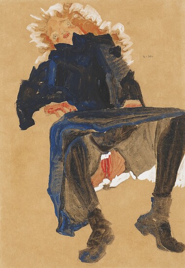 Egon Schiele (1890-1918), Liegendes Mädchen in dunkelblauem Kleid