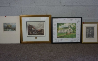 Eight assorted prints, including Batchelor's Hall, Sporting reprint, and a view of the Towers of